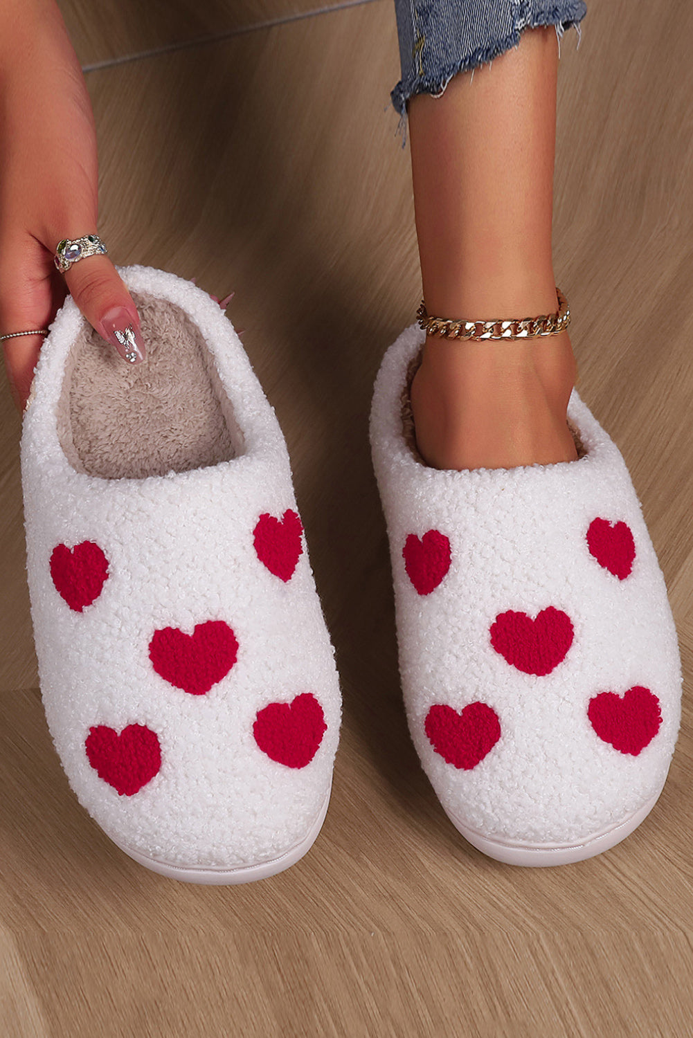 White with Red Hearts Print Plush House Slippers