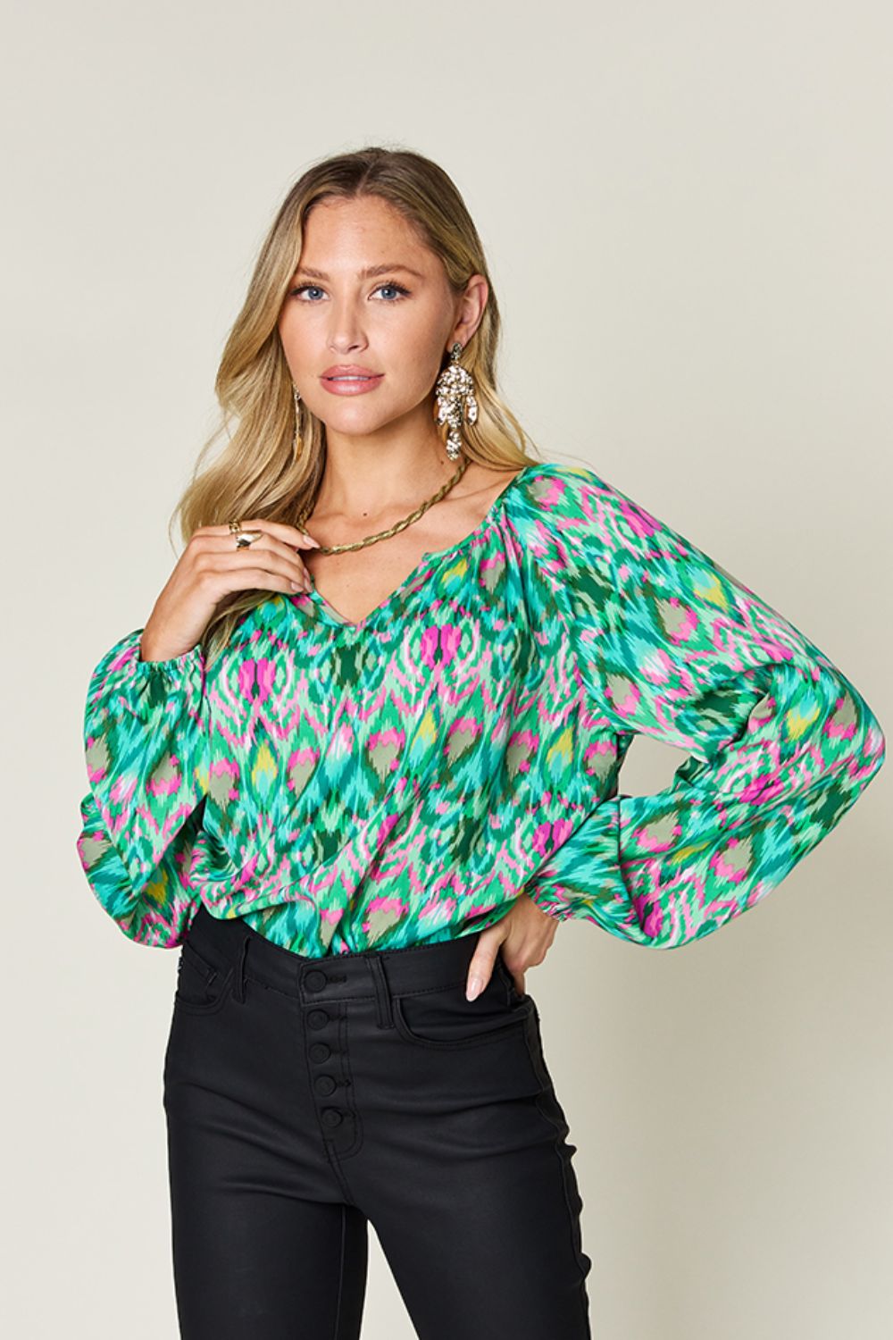 Double Take Full Size Printed Balloon Sleeve Blouse Choose Blue or Green