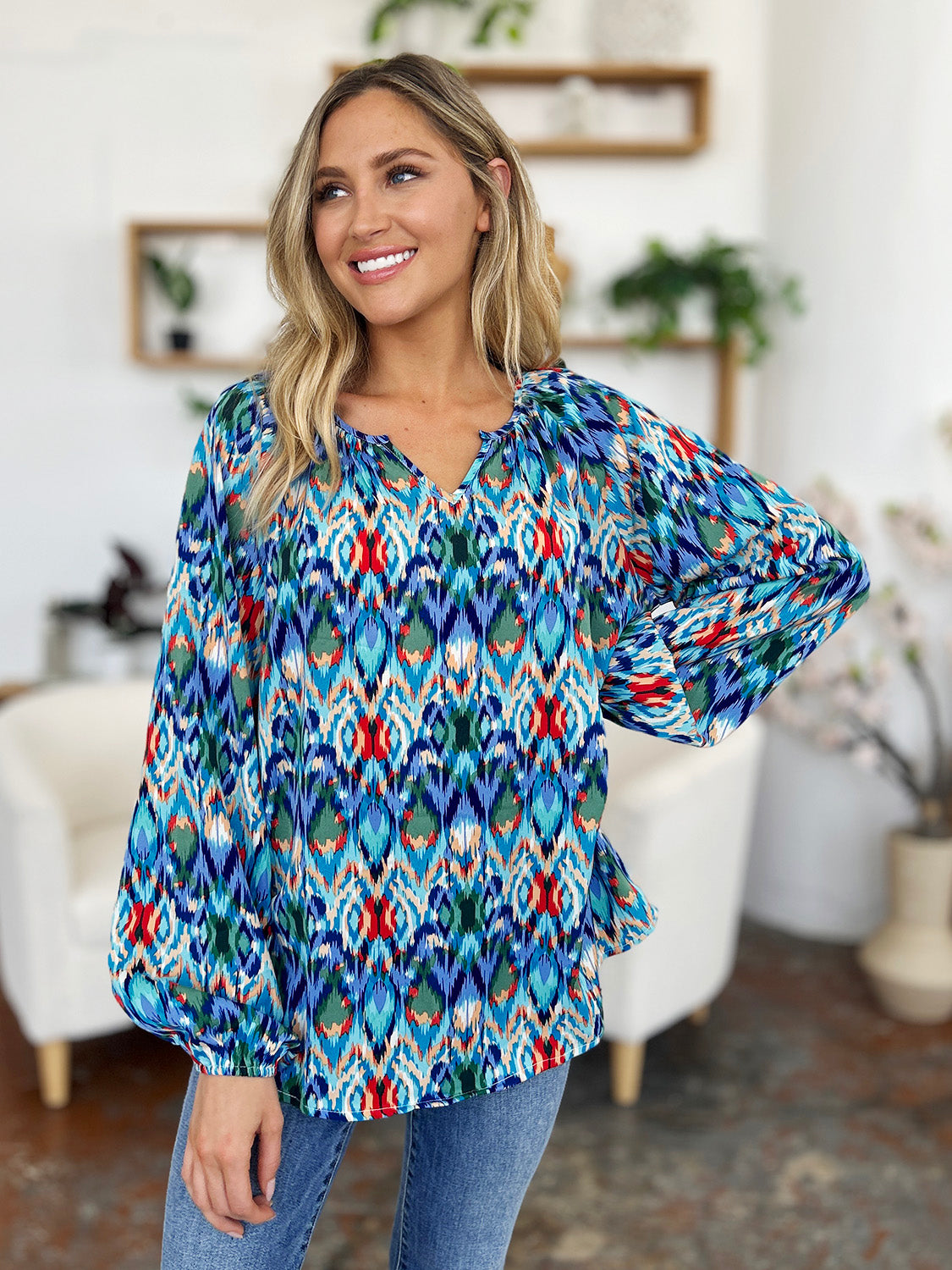 Double Take Full Size Printed Balloon Sleeve Blouse Choose Blue or Green