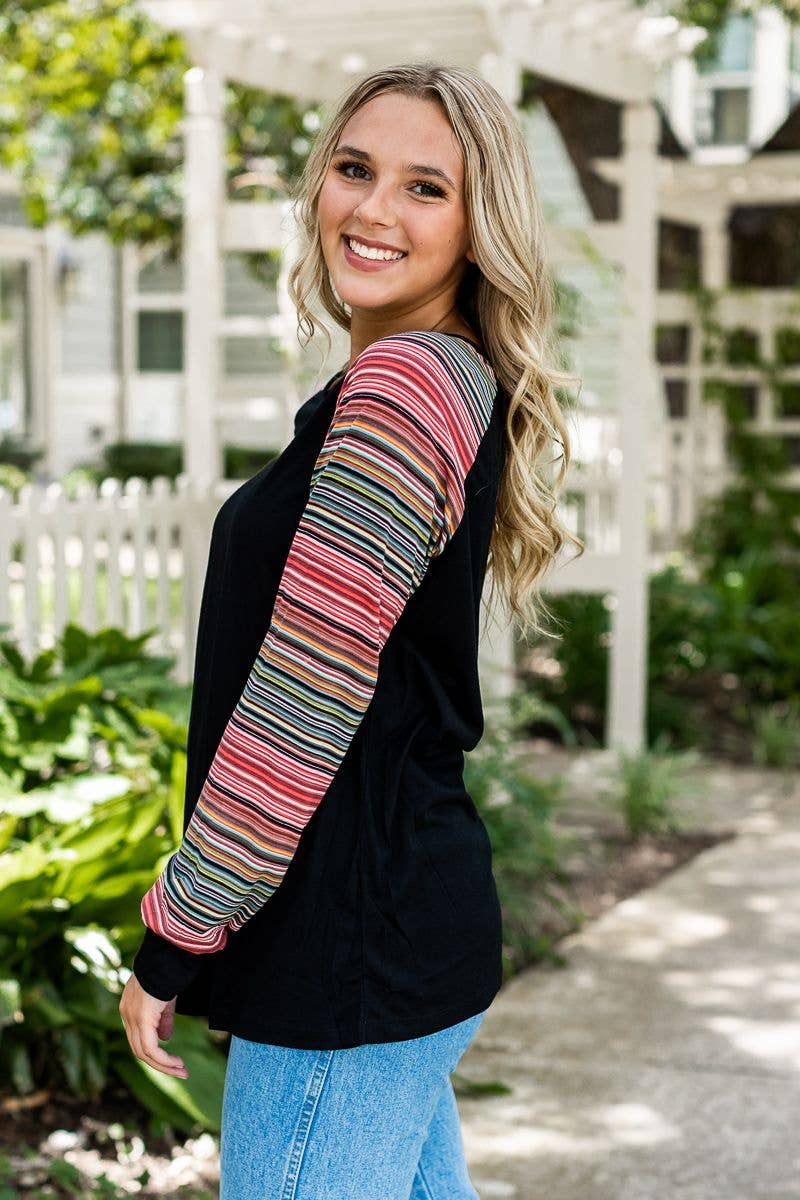 Multicolor Serape Stripe Long Sleeve Tee with Black Body