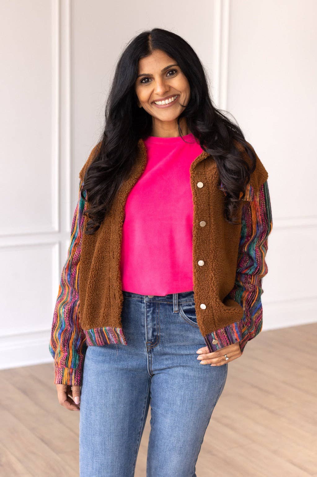 Brown Sherpa with Sassy Serape Multi-Colored Sleeves