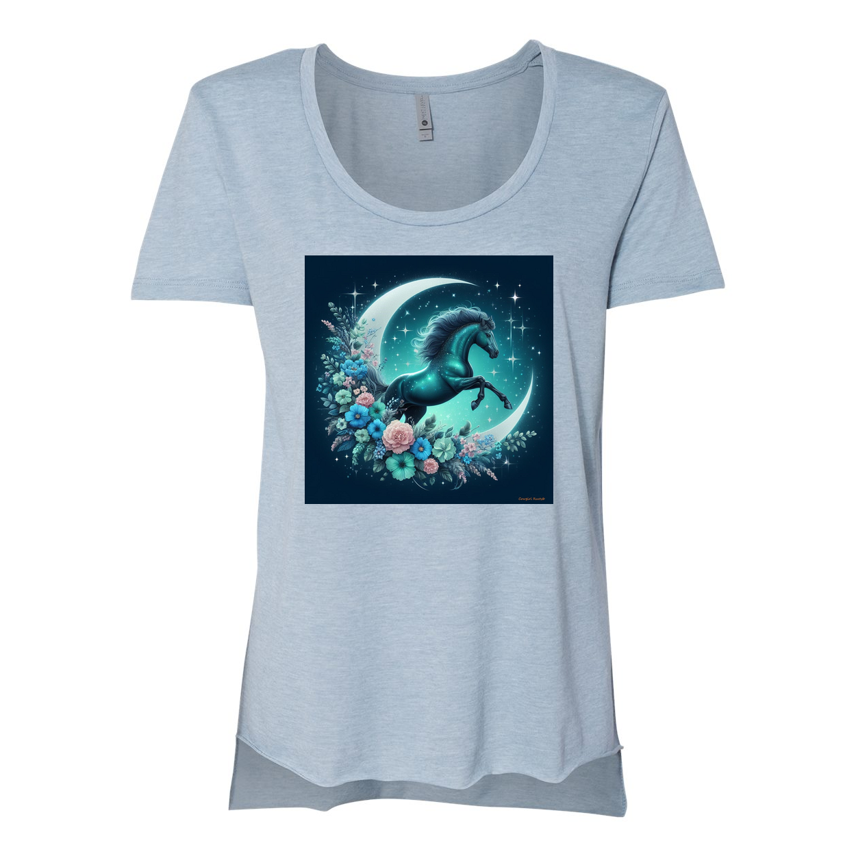 Moon Flowers Turquoise Horse Scoop Neck T Shirts