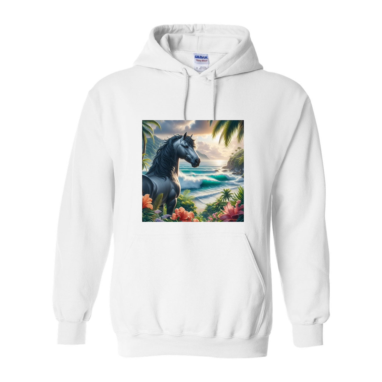 Tropical Grey Stallion Horse Pull Over Front Pocket Hoodies