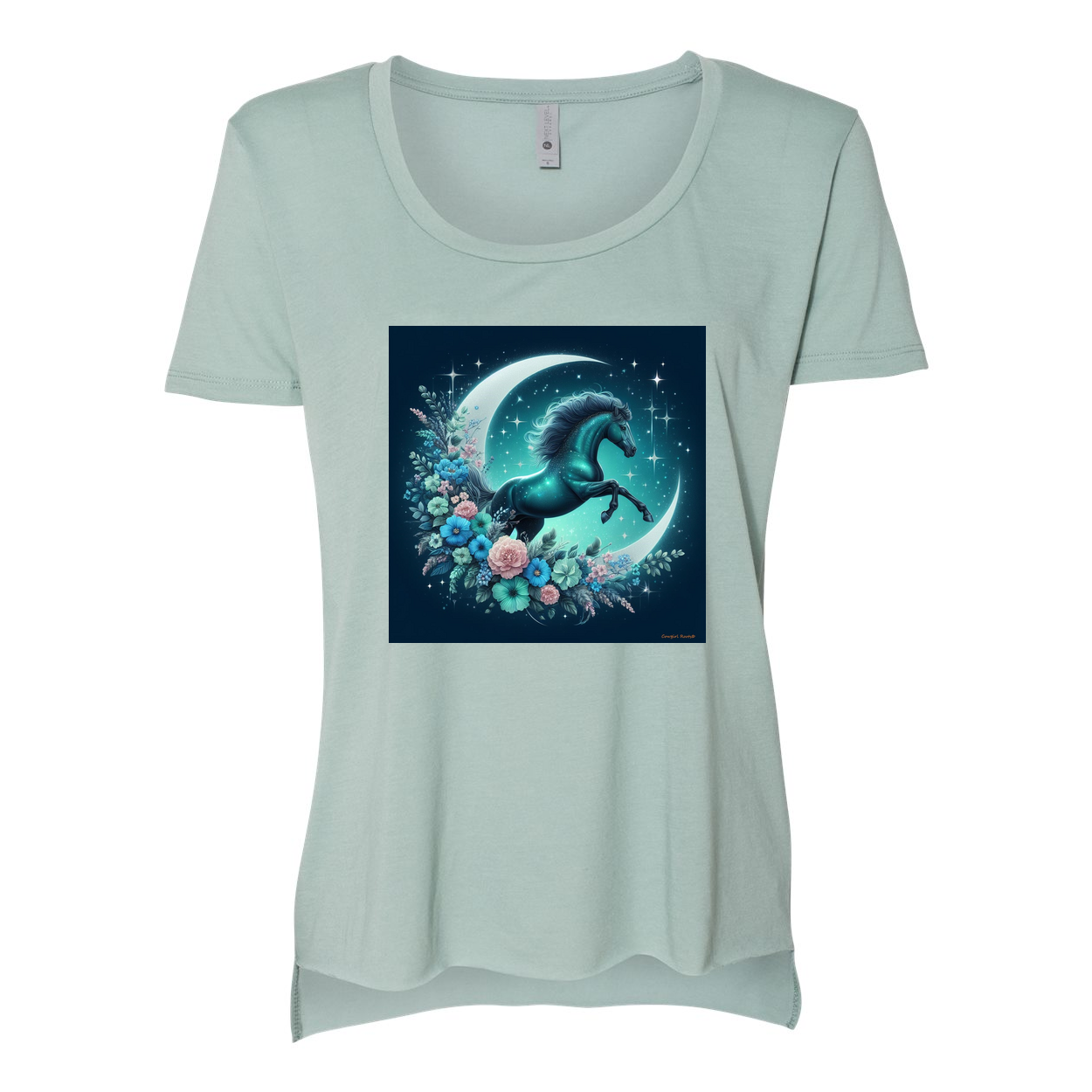 Moon Flowers Turquoise Horse Scoop Neck T Shirts