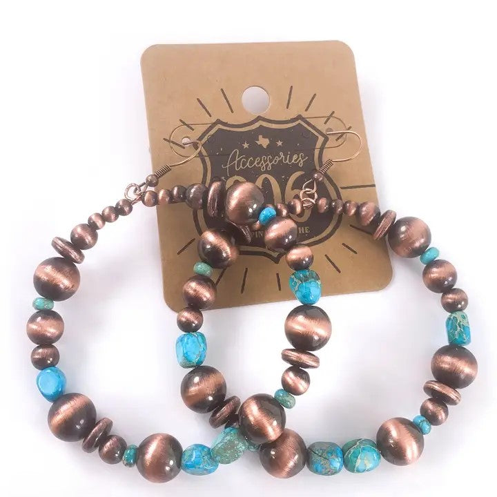 Turquoise Stone and Copper Bead Beaded Circle Hoop Earrings