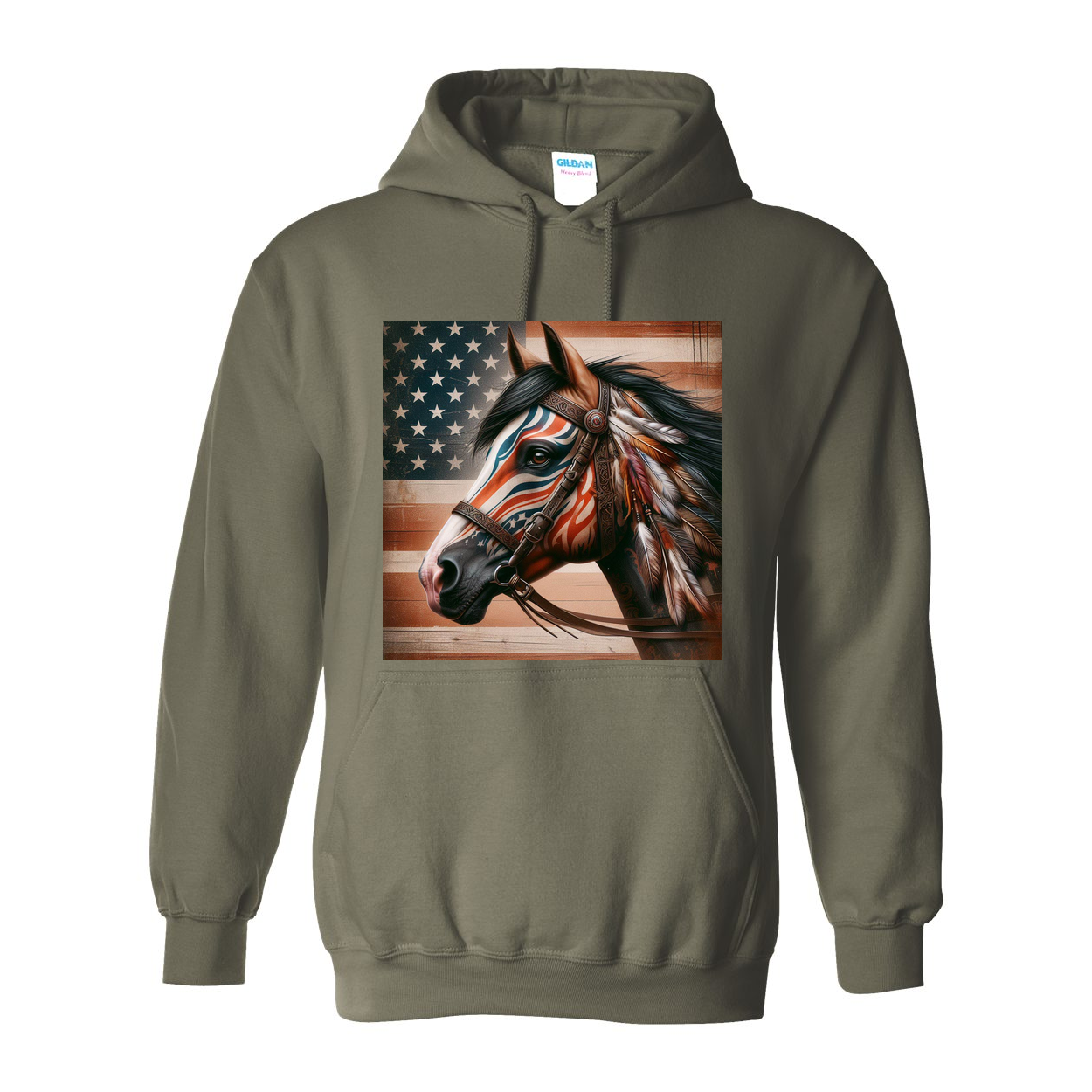 Freedom Horse American Flag Hoodie Pull Over Front Pocket Hoodies