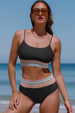 Load image into Gallery viewer, Black or Sky Blue Striped Patchwork Spaghetti Strap High Waist Bikini Swimsuit
