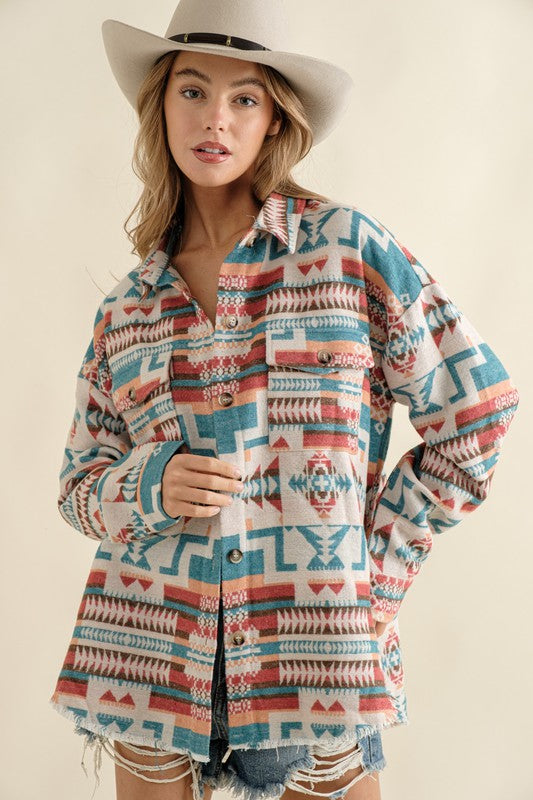 Frayed Aztec Western Shacket Beige or Teal