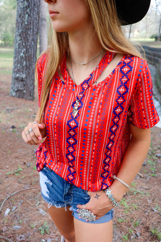 Missing Piece Cutout V-Neck Tee ~ Aztec Red