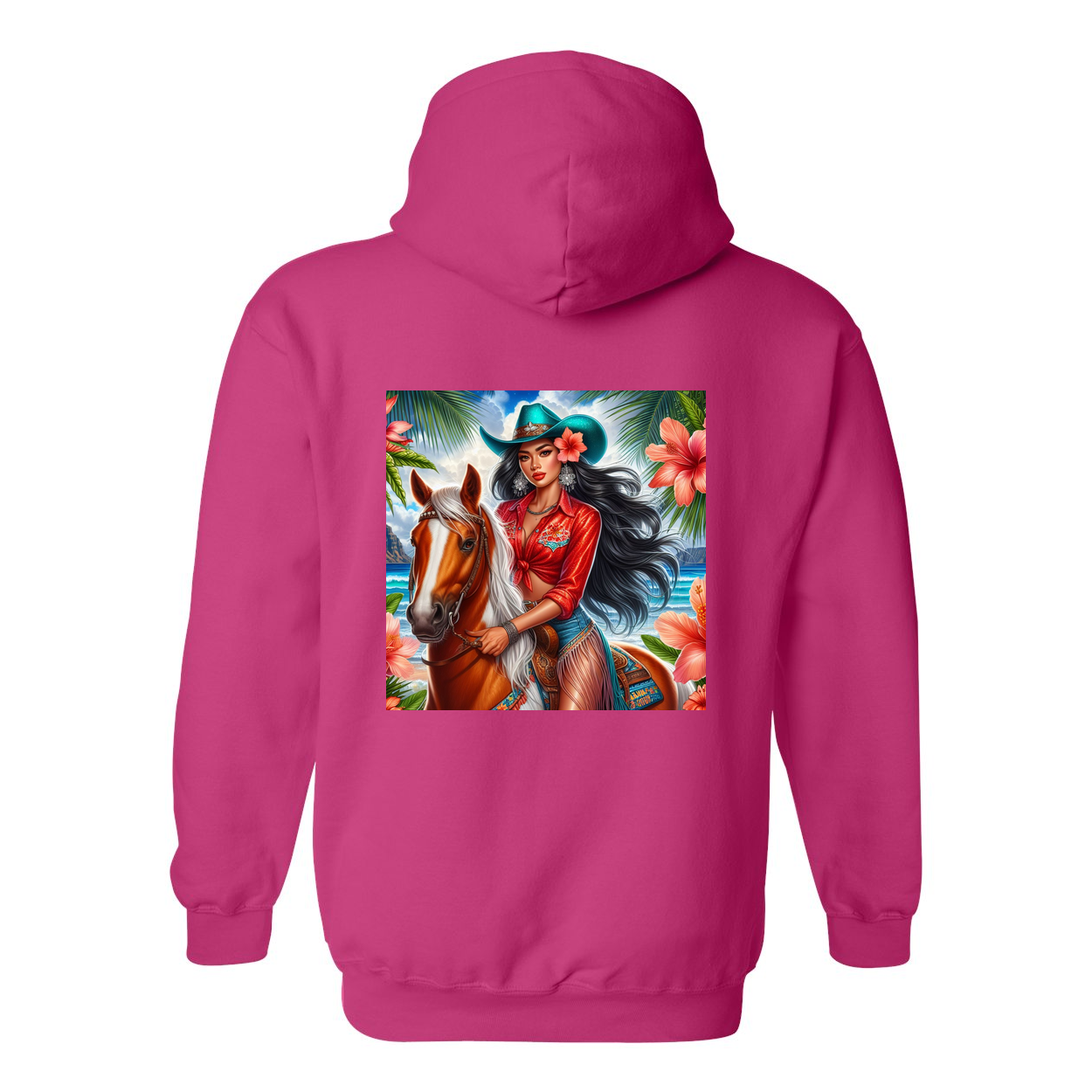 Hawaiian Cowgirl on Horse Design on Back Front Pocket Hoodies