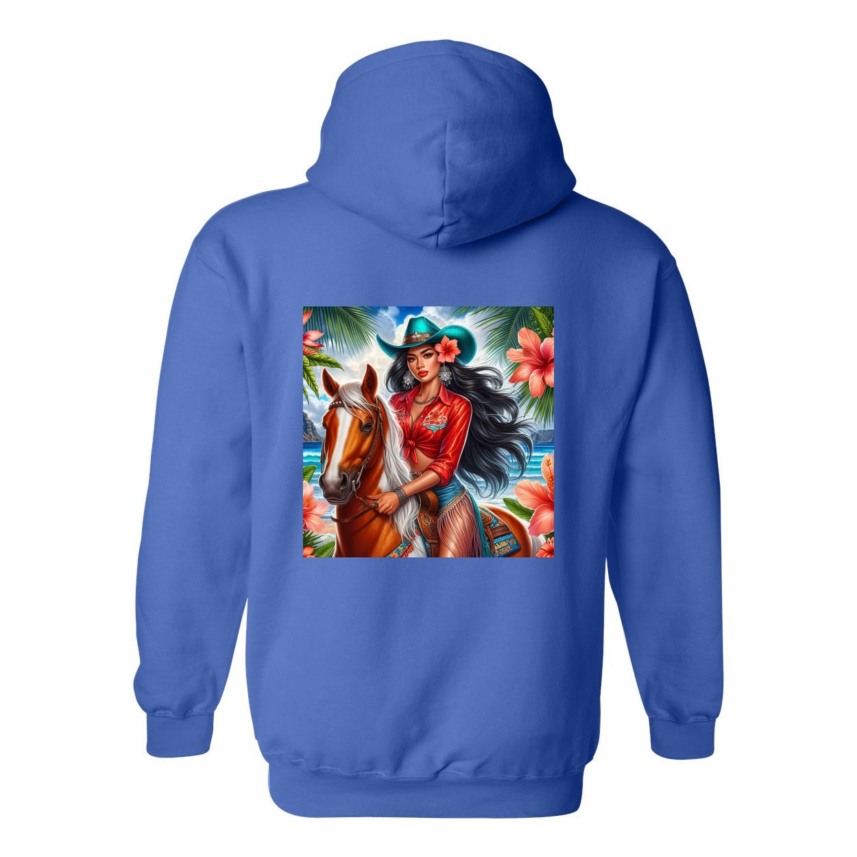 Hawaiian Cowgirl on Horse Design on Back Front Pocket Hoodies