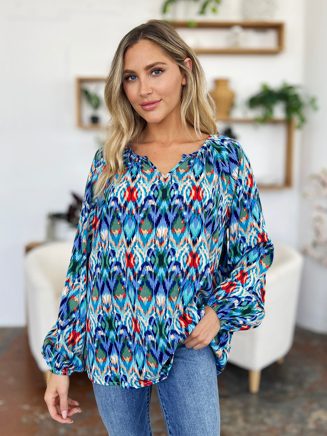 Double Take Full Size Printed Balloon Sleeve Blouse Choose Blue or Green