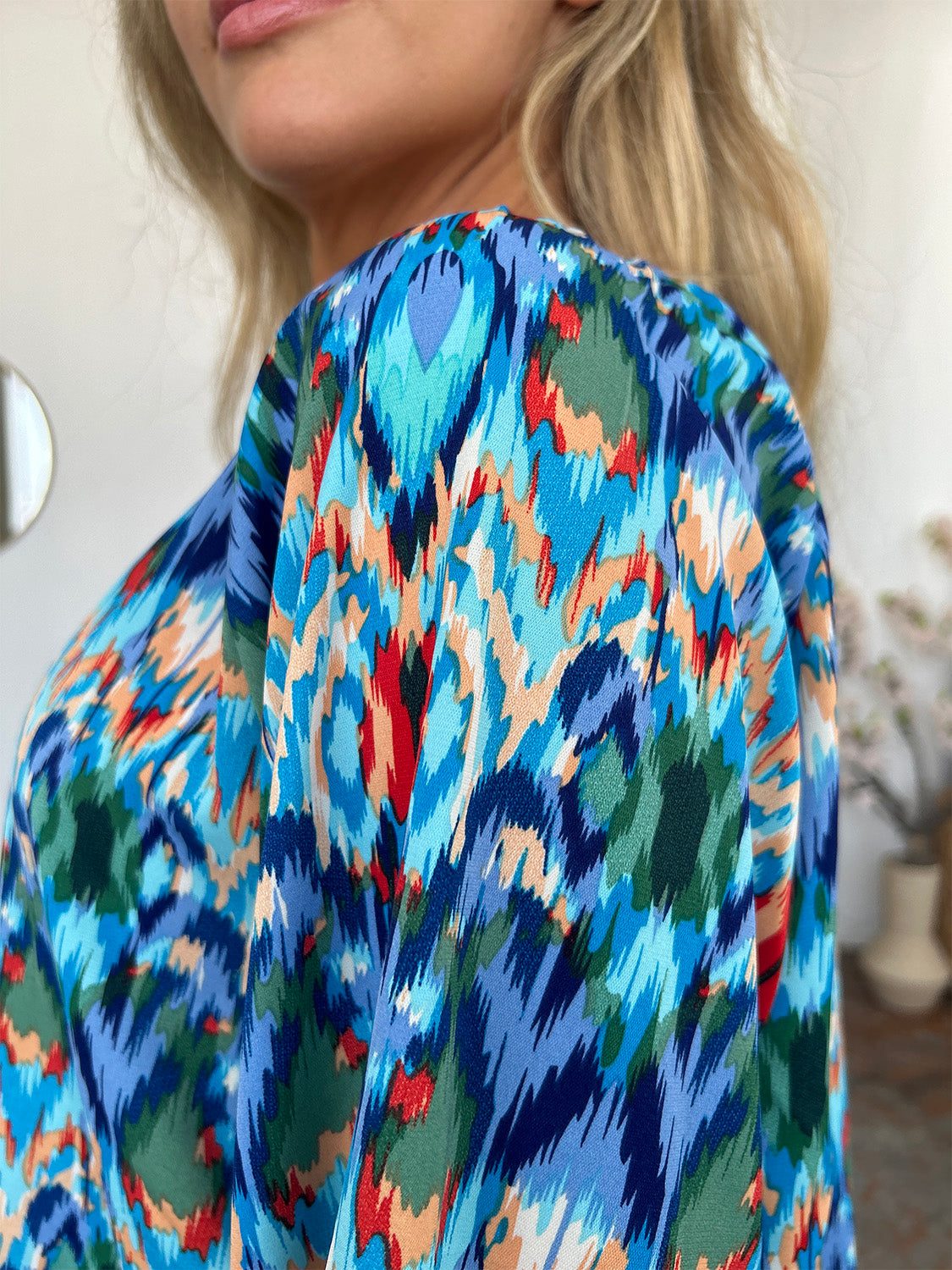 Double Take Full Size Printed Balloon Sleeve Blouse Choose Blue or Green