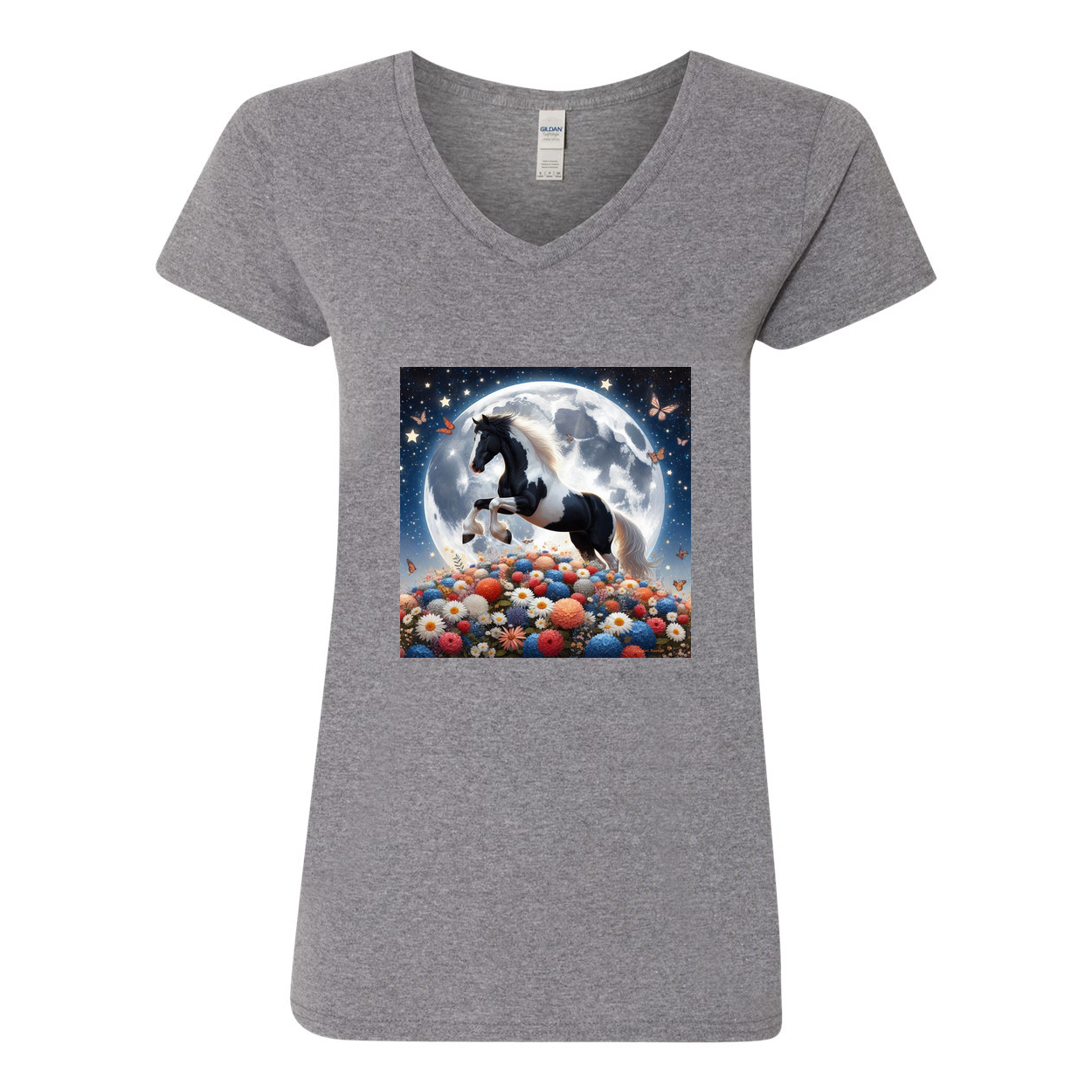 Spring Moon Horse V Neck T Shirts