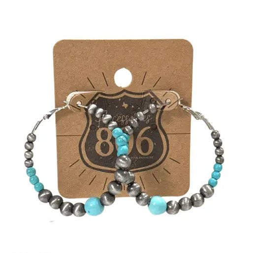 Turquoise Stone and Silver Beads, Beaded Hoop Earrings