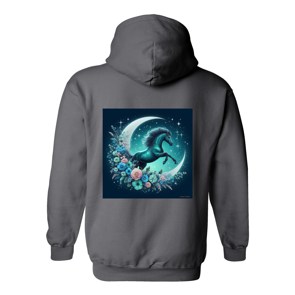 Moon Flowers Turquoise Horse Design on Back Front Pocket Hoodies