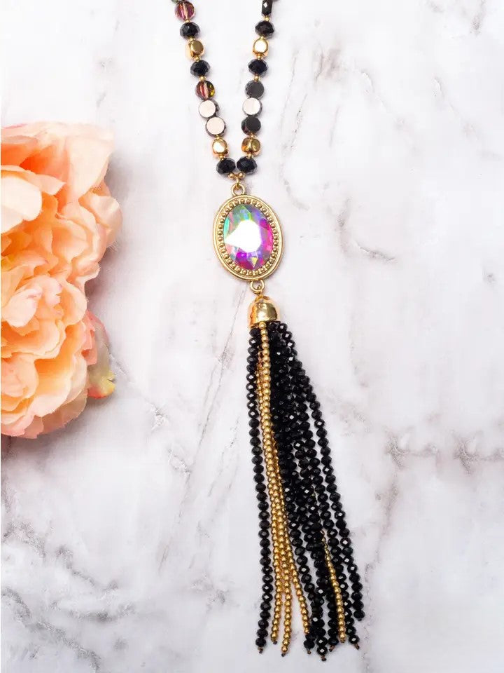 Crash My Party Iridescent Crystal Beaded  Tassel Pendant on a Crystal Beaded Gold Linked Chain Necklace