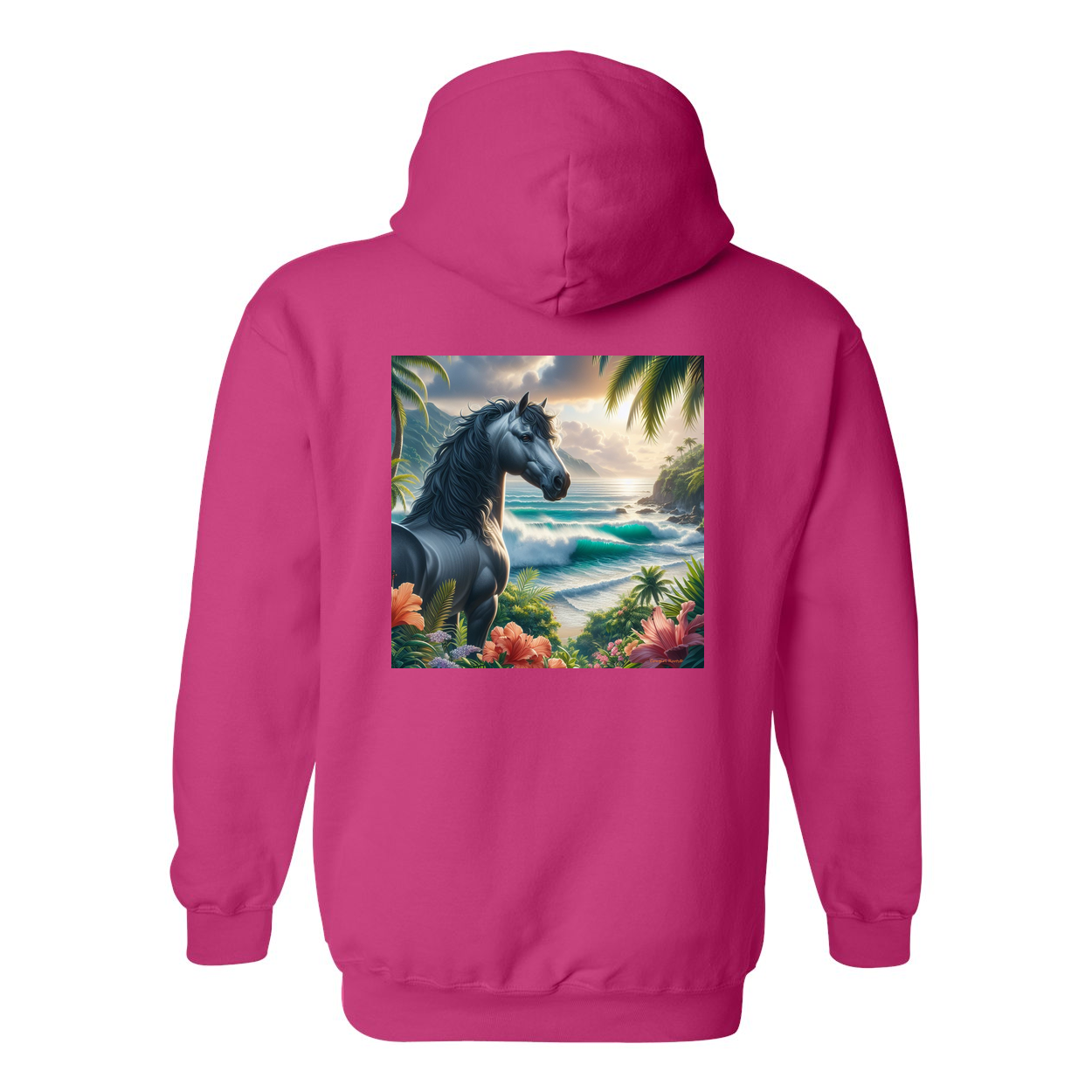 Tropical Grey Stallion Horse Design on Back Front Pocket Hoodies