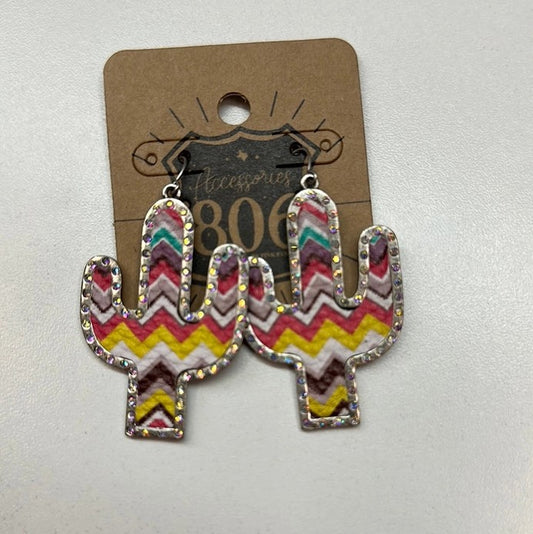 Leather Serape and Crystal Accent Cactus Earrings