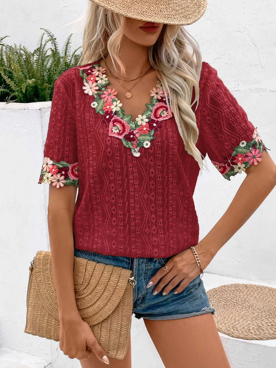 Eyelet Embroidered V-Neck Short Sleeve Blouse Choose Color