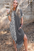 Load image into Gallery viewer, Black Contrast Solid Leopard Short Sleeve T-shirt Dress with Slits

