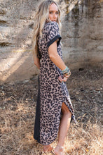 Load image into Gallery viewer, Black Contrast Solid Leopard Short Sleeve T-shirt Dress with Slits
