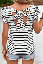 Load image into Gallery viewer, White Stripe Butterfly Sleeve V Neck Hollowed Knot Back T Shirt

