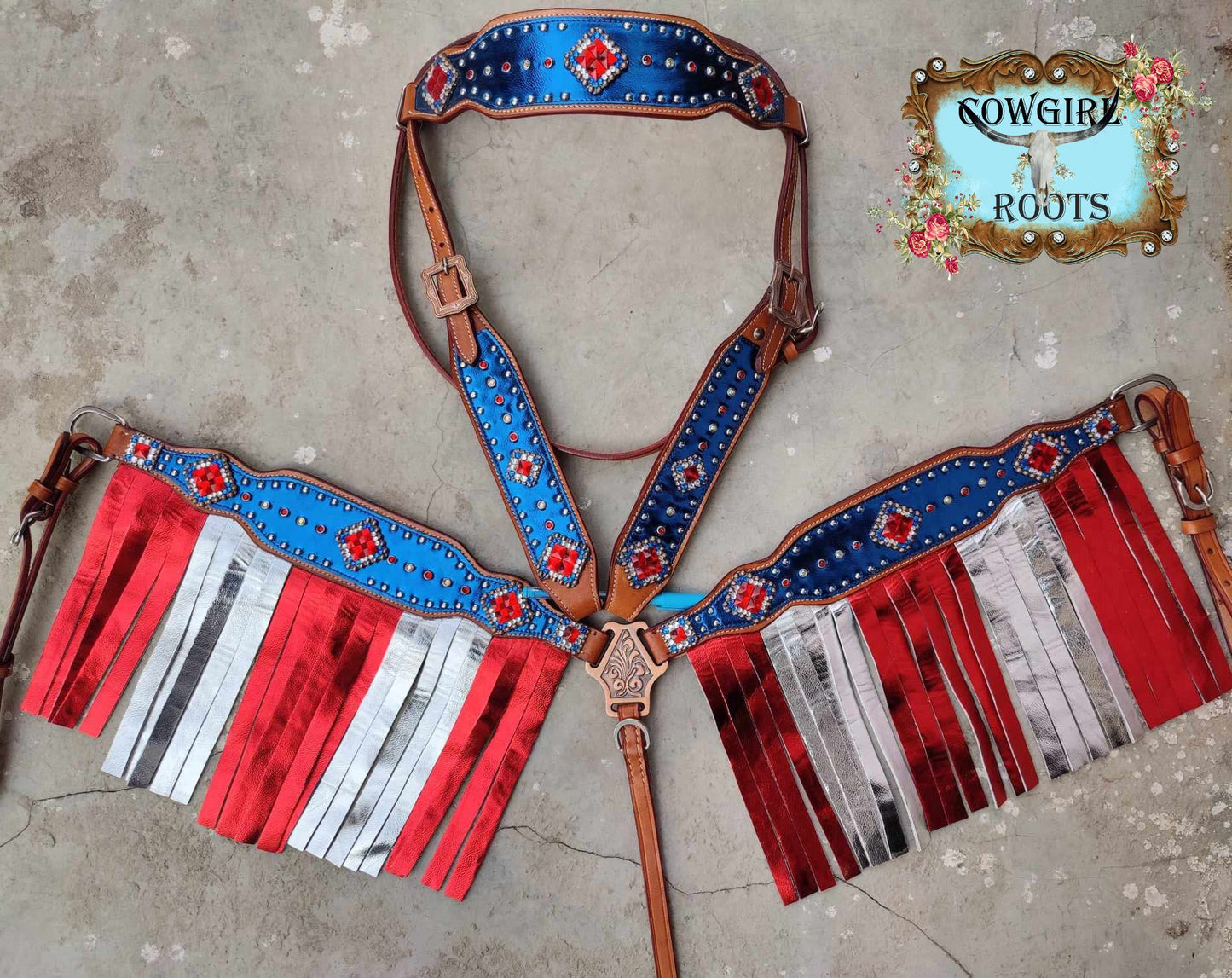 WONDER WOMAN Patriotic Full Brow Metallic Fringe Flag Horse Tack Bridle Set with Wither Strap