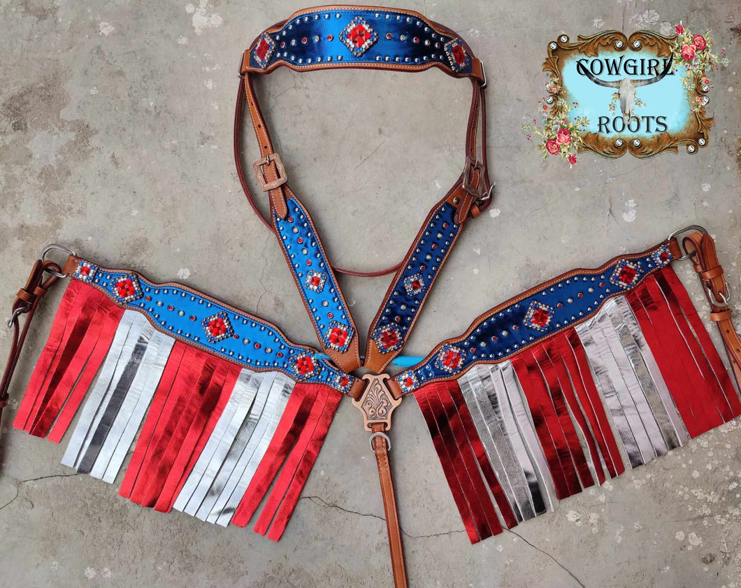 Patriotic Full Brow Fringe Flag Horse Tack Bridle Set with Wither Strap