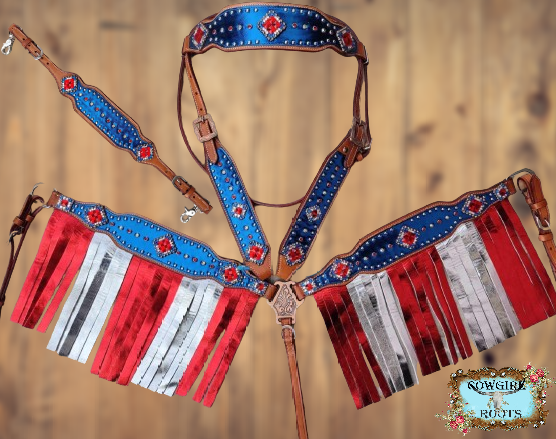 WONDER WOMAN Patriotic Full Brow Metallic Fringe Flag Horse Tack Bridle Set with Wither Strap