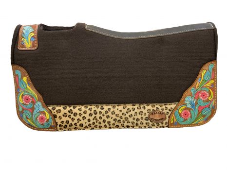 28" x 30" Barrel Style 1" Brown Felt Pad with Painted Floral Design and Hair on Cheetah Accent