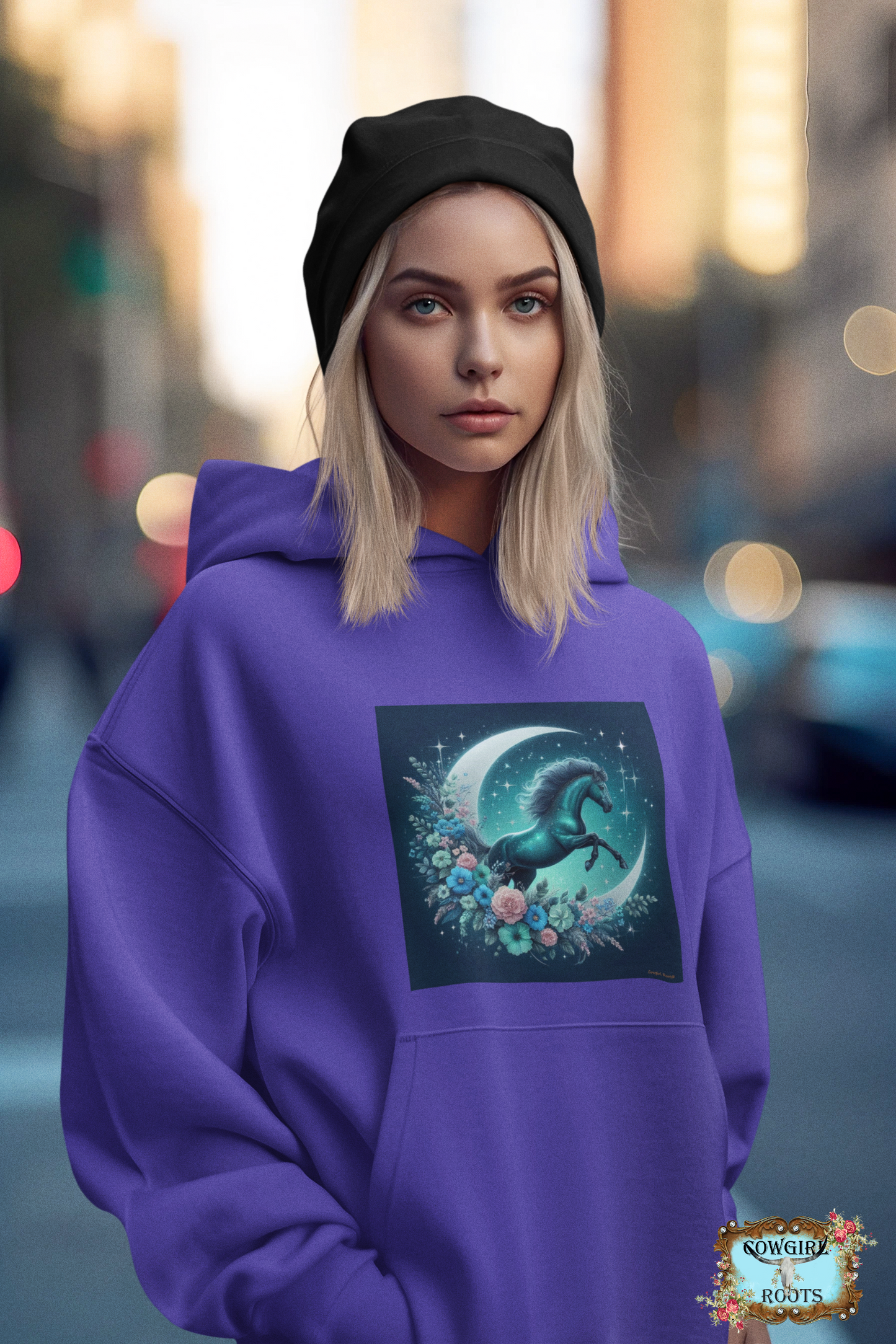 Moon Flowers Turquoise Horse Pull Over Front Pocket Hoodies