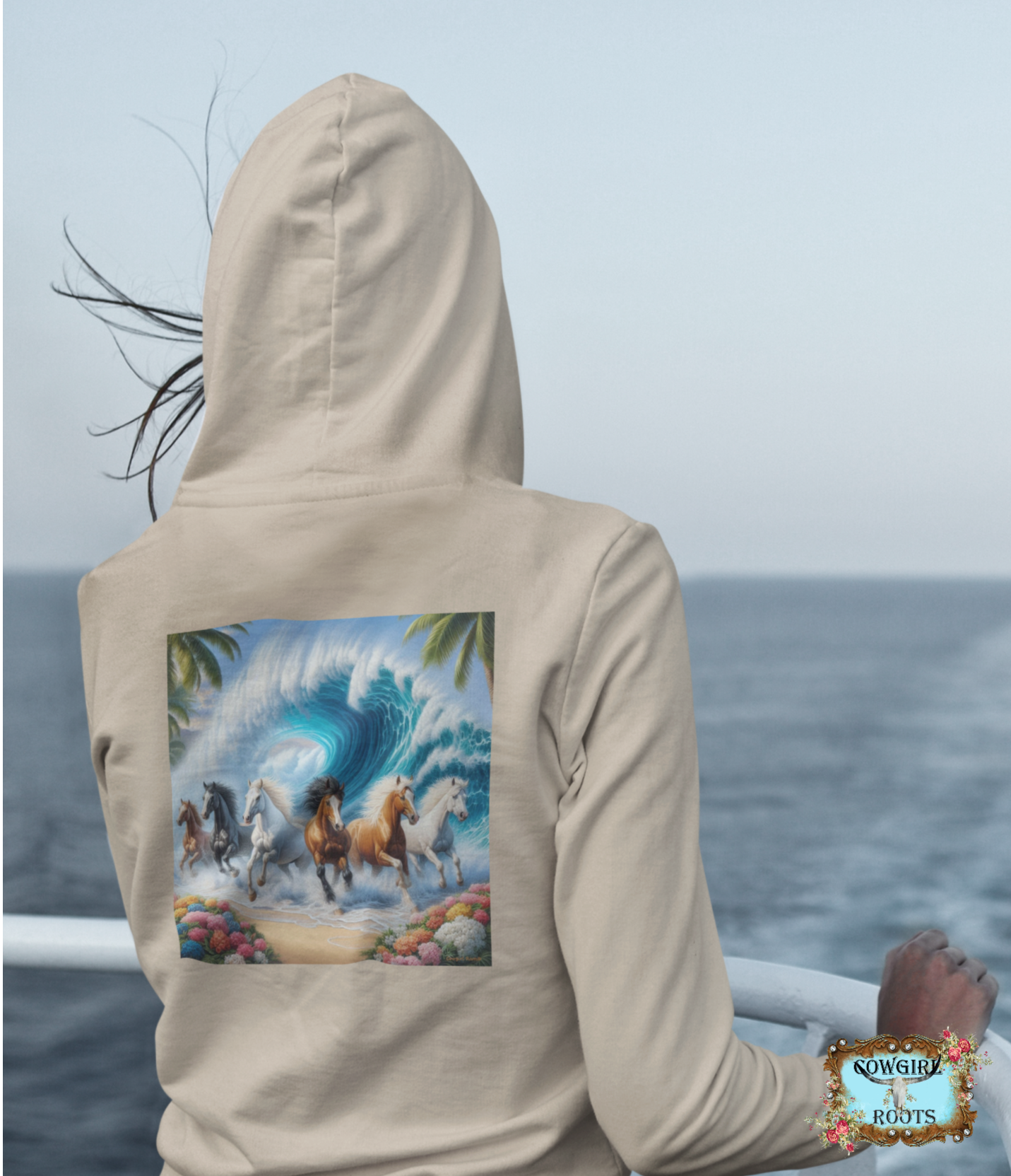 Ocean Herd of Horses Design on Back Front Pocket Hoodies
