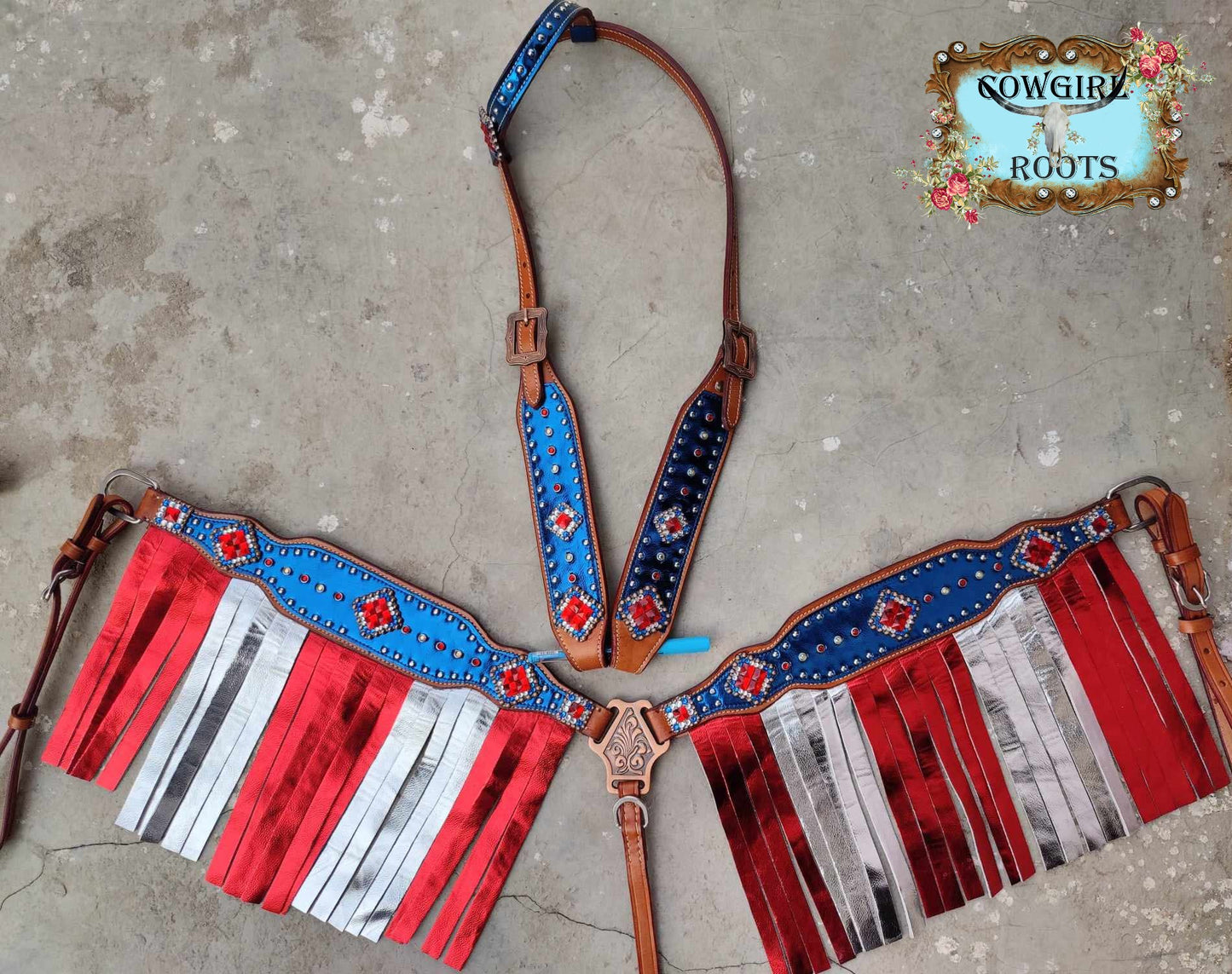 Wonder Woman Patriotic Metallic One Ear Fringe Flag Horse Tack Bridle Set with Wither Strap