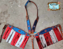 Load image into Gallery viewer, Patriotic One Ear Fringe Flag Horse Tack Bridle Set with Wither Strap
