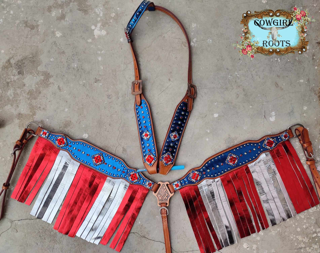 Patriotic One Ear Fringe Flag Horse Tack Bridle Set with Wither Strap