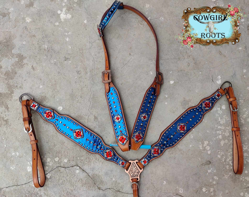 Patriotic One Ear Flag Horse Tack Bridle Set with Wither Strap