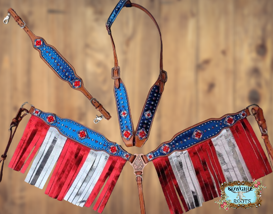 Wonder Woman Patriotic Metallic One Ear Fringe Flag Horse Tack Bridle Set with Wither Strap