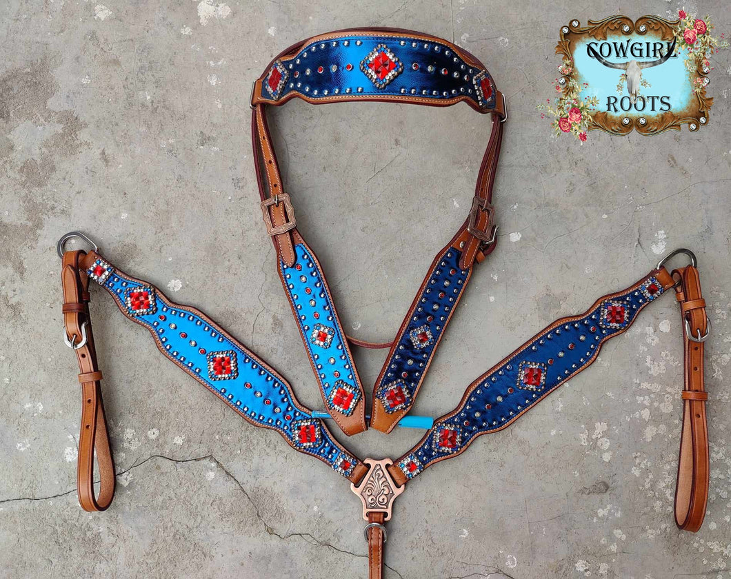 Patriotic Full Brow Flag Horse Tack Bridle Set with Wither Strap