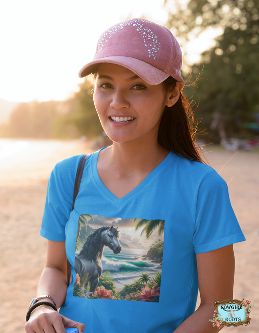 Tropical Grey Stallion Horse V Neck T Shirt