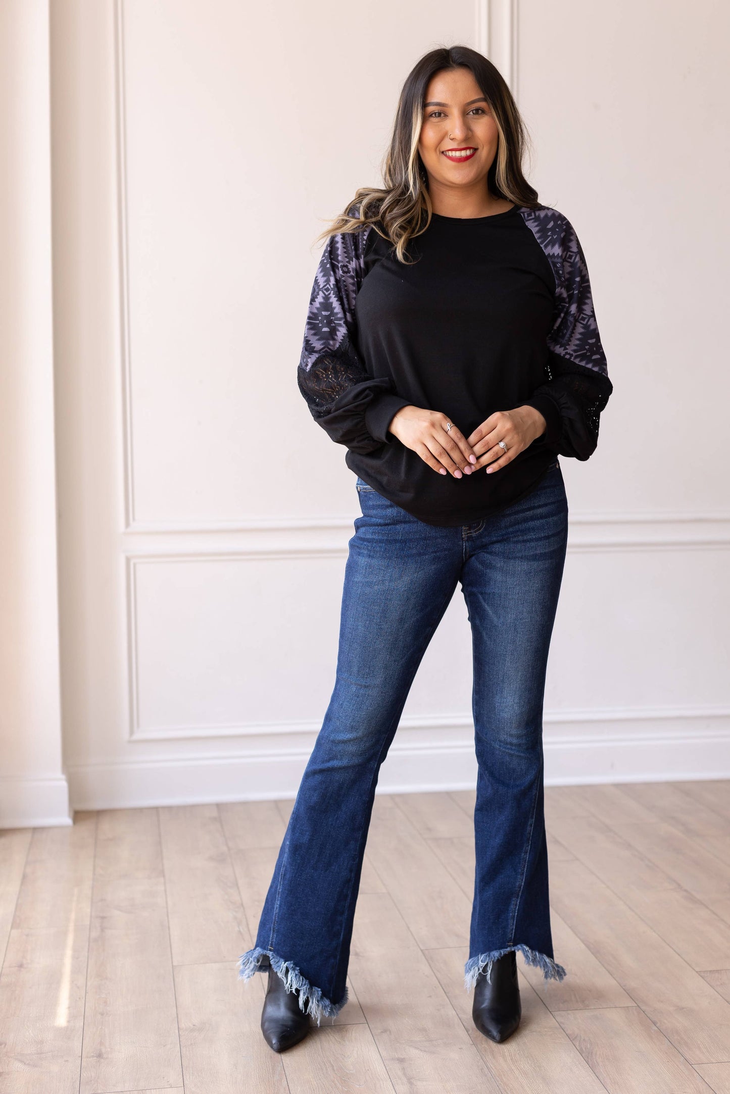 Black Top with Aztec Lace Puff Sleeve