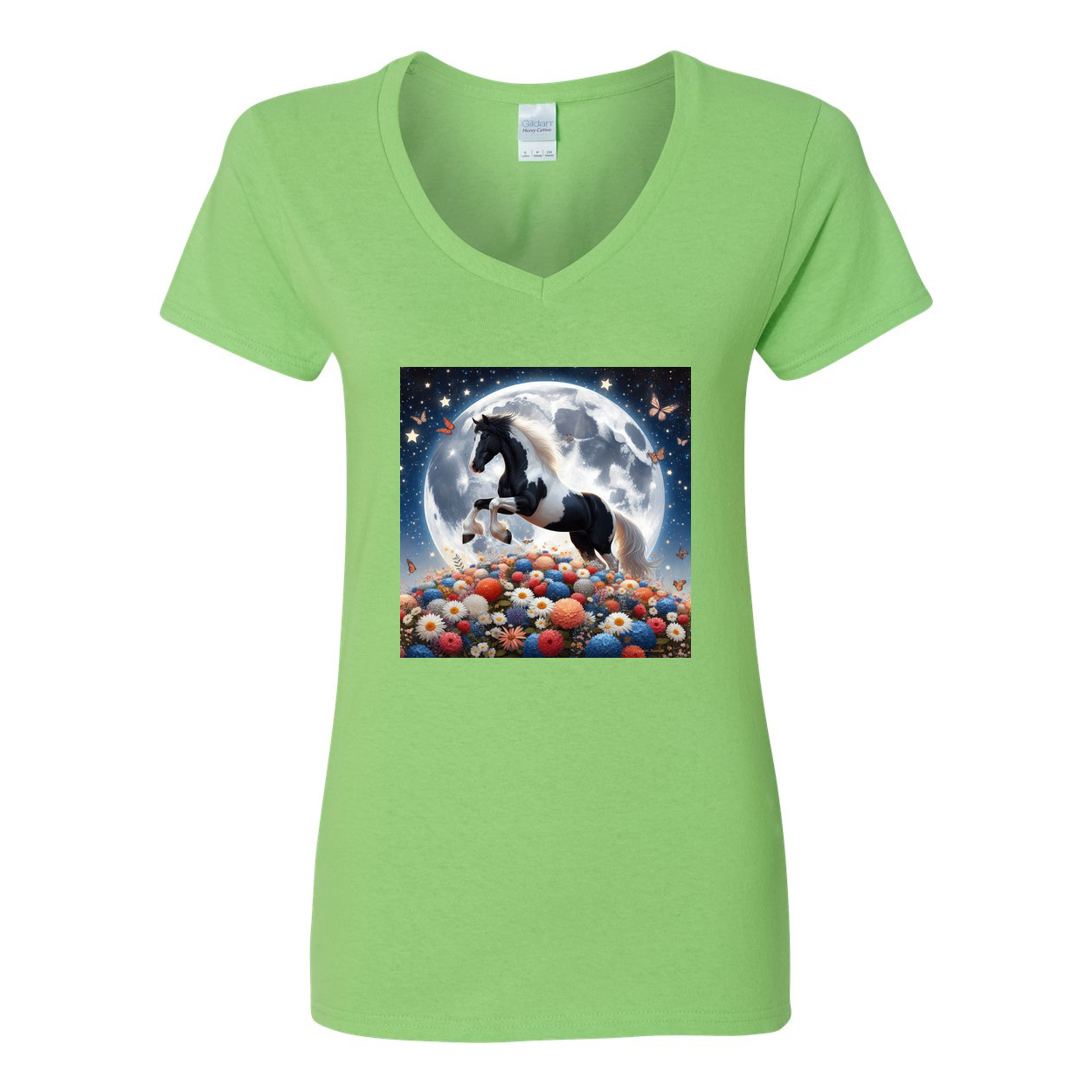 Spring Moon Horse V Neck T Shirts