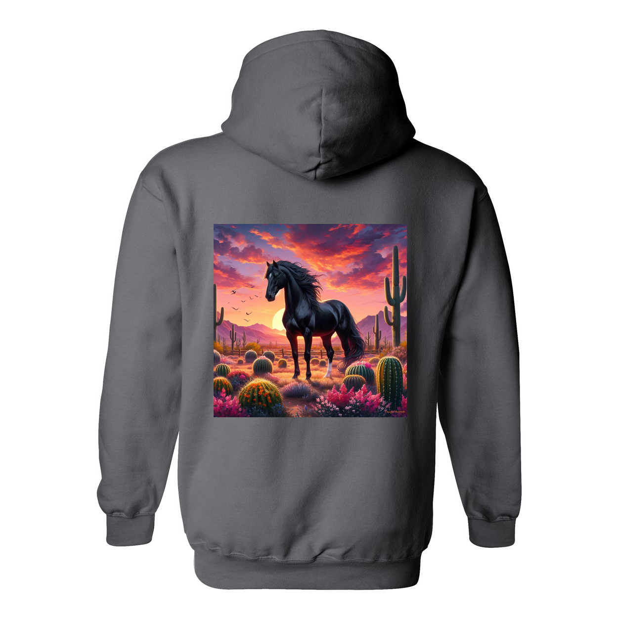 Black Stallion Desert Sunset Design on Back Front Pocket Hoodies