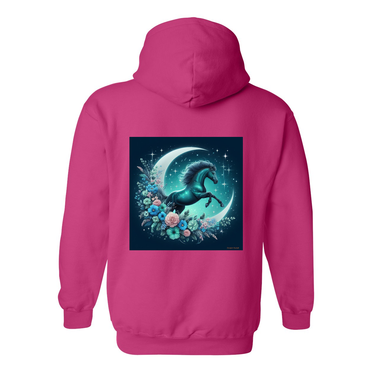 Moon Flowers Turquoise Horse Design on Back Front Pocket Hoodies