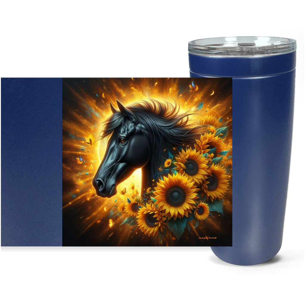 Cowgirl Roots™ Black Stallion in Blazing Sunflowers Tumbler 20oz Stainless Steel Insulated Hot and Cold Travel Mugs