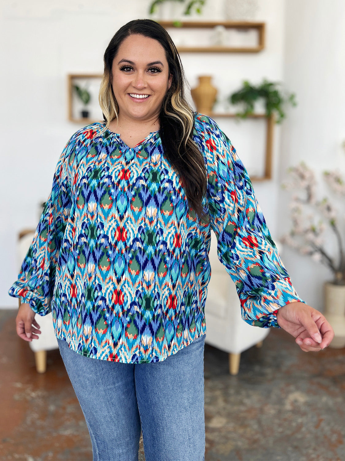 Double Take Full Size Printed Balloon Sleeve Blouse Choose Blue or Green