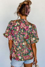 Load image into Gallery viewer, Green V Neck Short Bubble Sleeve Paisley Blouse

