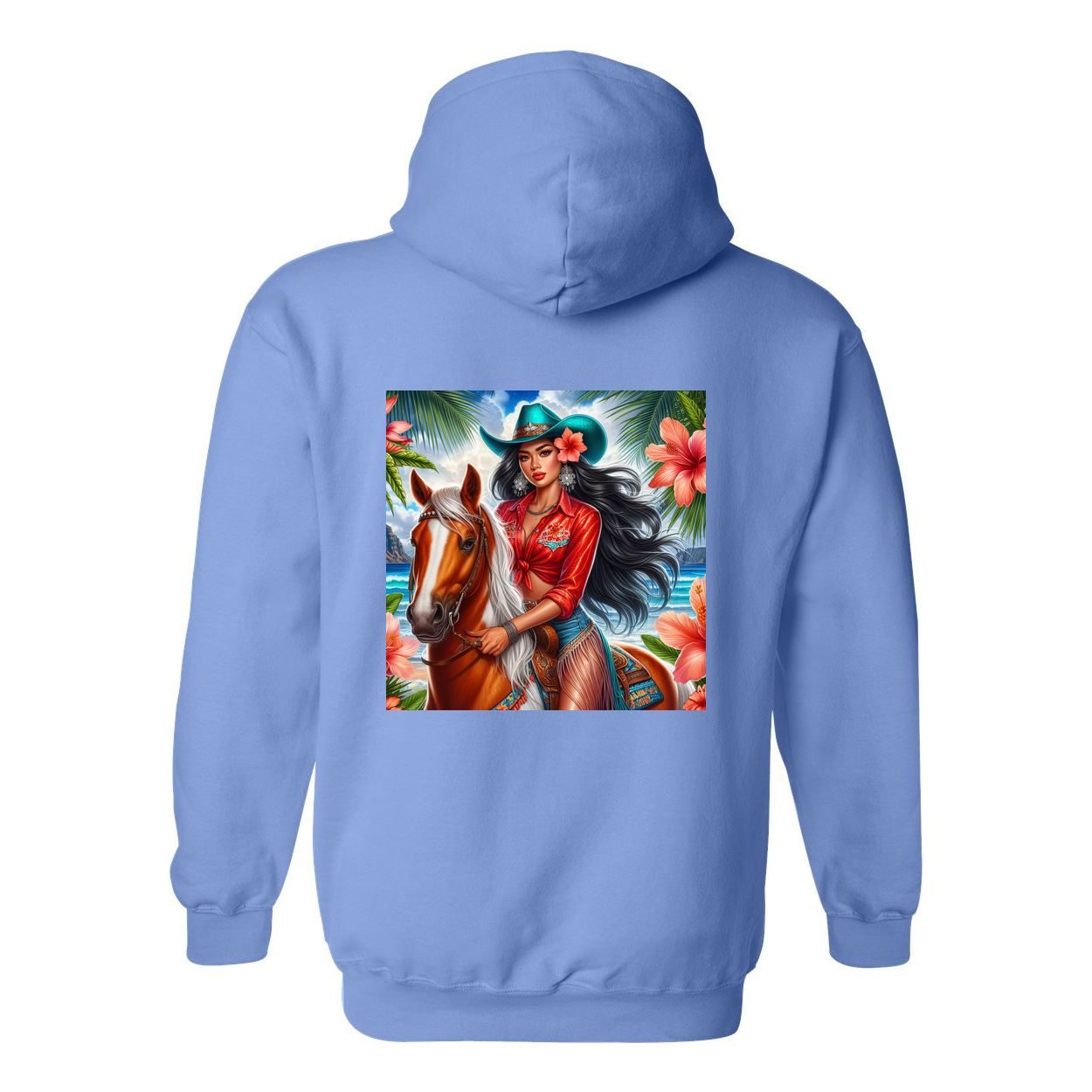 Hawaiian Cowgirl on Horse Design on Back Front Pocket Hoodies