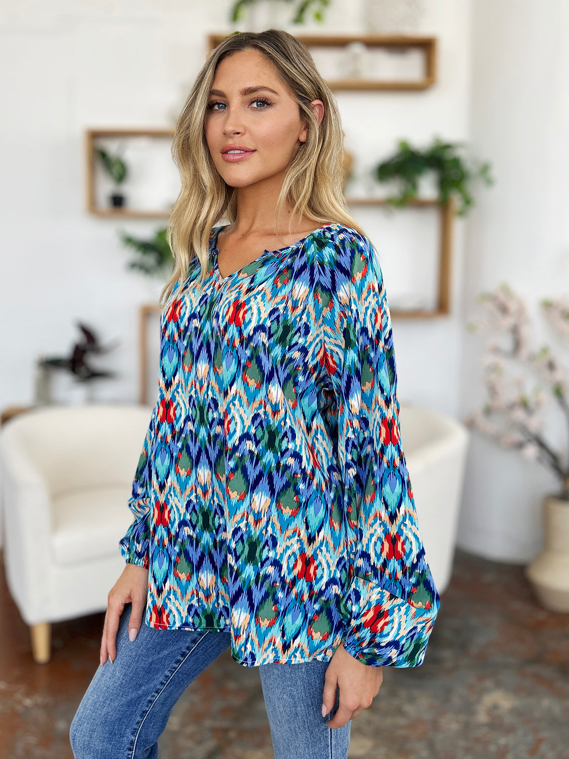 Double Take Full Size Printed Balloon Sleeve Blouse Choose Blue or Green