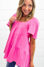 Load image into Gallery viewer, Bright Pink Textured Square Neck Flutter Sleeve Tiered Flowy Blouse
